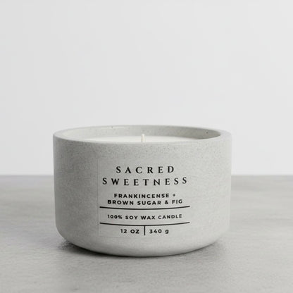 Sacred Sweetness luxury Christian soy wax candle with frankincense, brown sugar, and fig fragrance, handcrafted in a concrete vessel. Faith-inspired gift by Boswellia Candle Co.