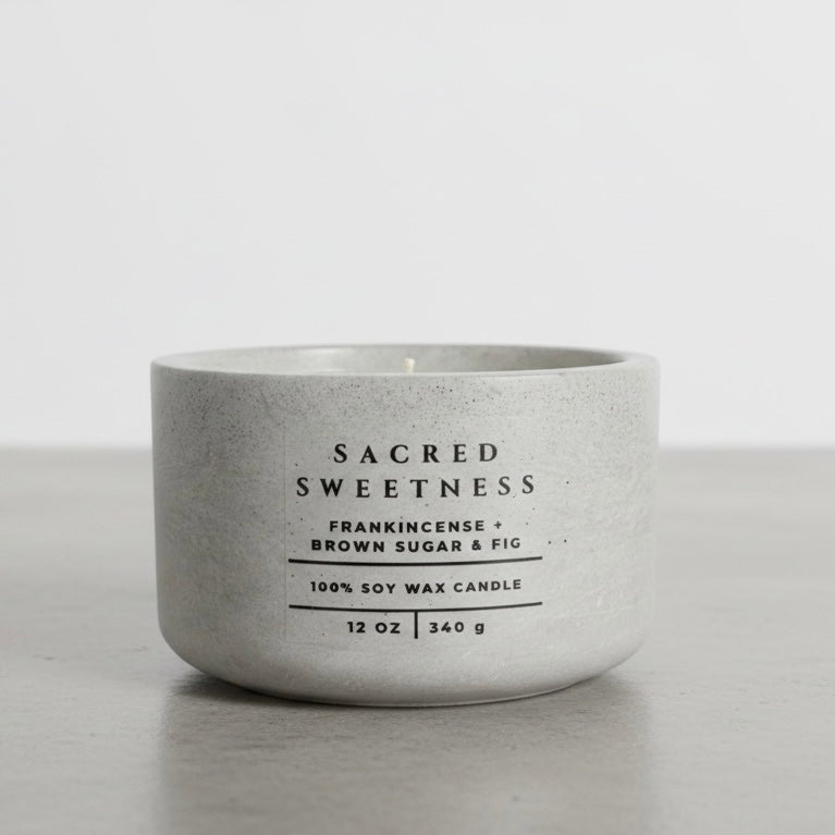 Sacred Sweetness luxury Christian soy wax candle with frankincense, brown sugar, and fig fragrance, handcrafted in a concrete vessel. Faith-inspired gift by Boswellia Candle Co.