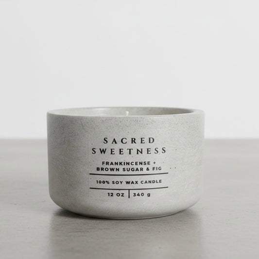 Sacred Sweetness luxury Christian soy wax candle with frankincense, brown sugar, and fig fragrance, handcrafted in a concrete vessel. Faith-inspired gift by Boswellia Candle Co.