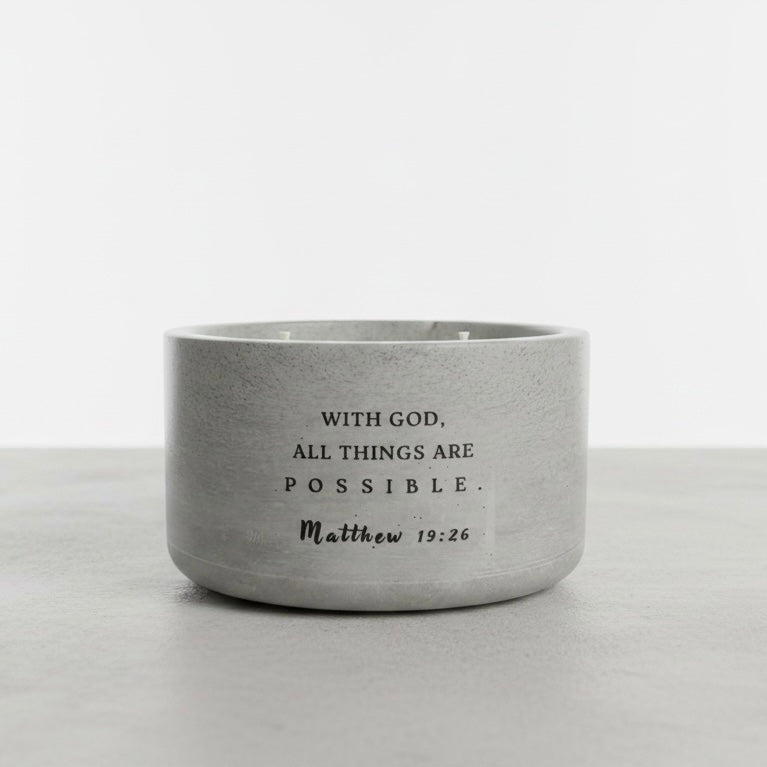 Sacred Sweetness Christian soy wax candle featuring Matthew 19:26 Bible verse, “With God all things are possible,” in a handcrafted concrete vessel. Faith-inspired gift by Boswellia Candle Co.