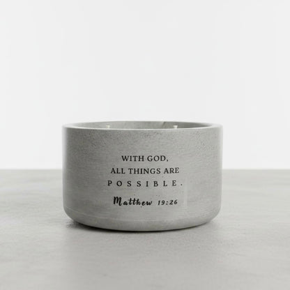 Sacred Sweetness Christian soy wax candle featuring Matthew 19:26 Bible verse, “With God all things are possible,” in a handcrafted concrete vessel. Faith-inspired gift by Boswellia Candle Co.