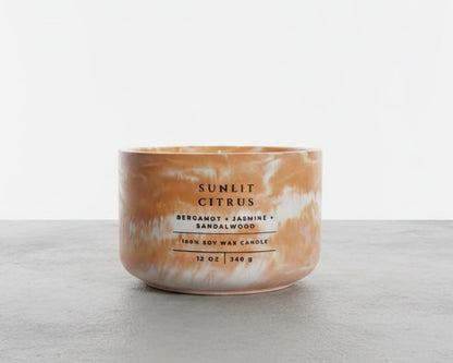 Sunlit Citrus Soy Wax Candle in Handcrafted Marbled Concrete Vessel – Bergamot, Jasmine & Sandalwood Scented Christian Home Decor