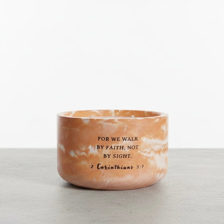 Christian Soy Wax Candle in Marbled Concrete Vessel with 2 Corinthians 5:7 Bible Verse – Faith-Inspired Home Decor and Encouragement Gift