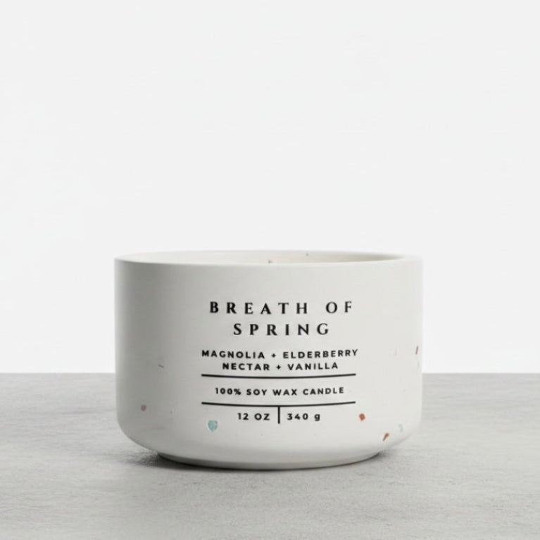 Breath of Spring Christian Soy Candle featuring Isaiah 40:31 scripture in a handcrafted concrete vessel with Magnolia, Elderberry Nectar, and Vanilla.