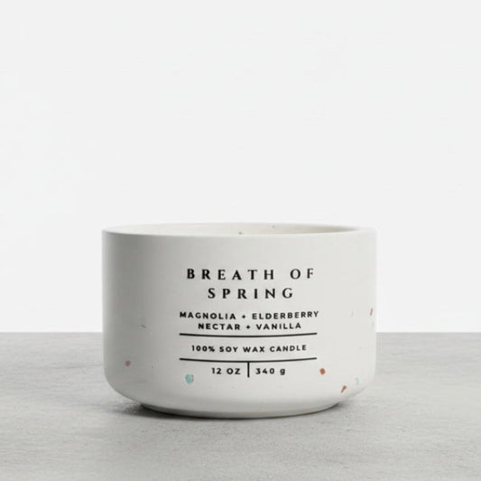 Breath of Spring Christian Soy Candle featuring Isaiah 40:31 scripture in a handcrafted concrete vessel with Magnolia, Elderberry Nectar, and Vanilla.