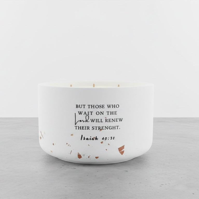 Breath of Spring Christian Soy Candle featuring Isaiah 40:31 scripture in a handcrafted concrete vessel with Magnolia, Elderberry Nectar, and Vanilla.