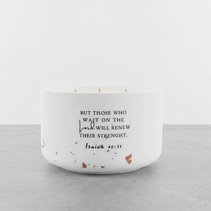 Breath of Spring Christian Soy Candle featuring Isaiah 40:31 scripture in a handcrafted concrete vessel with Magnolia, Elderberry Nectar, and Vanilla.