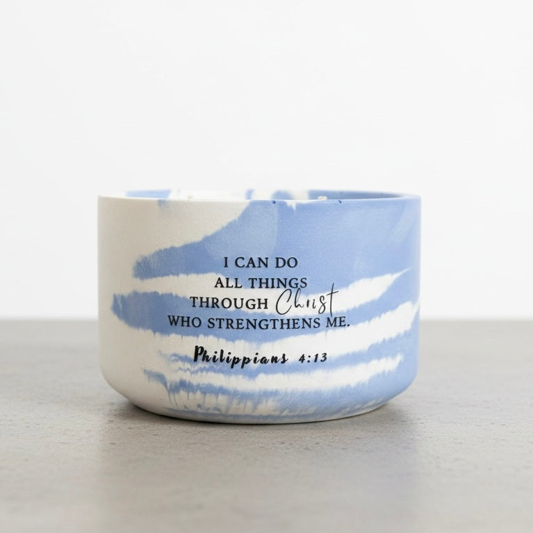 Whispers of the Sea Christian Soy Candle featuring Philippians 4:13 scripture in a handcrafted blue marble concrete vessel with Ocean Breeze, Magnolia, and Peony.
