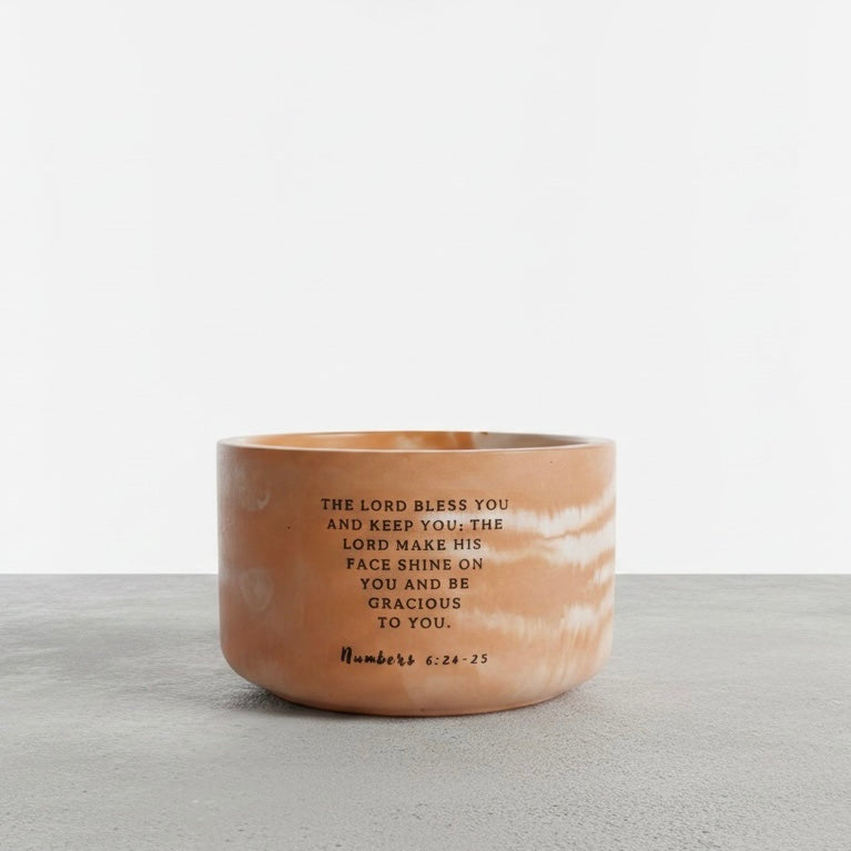 Christian Soy Wax Candle in Handcrafted Marbled Concrete Vessel with Numbers 6:24–25 Bible Verse – Faith-Inspired Home Decor and Encouragement Gift
