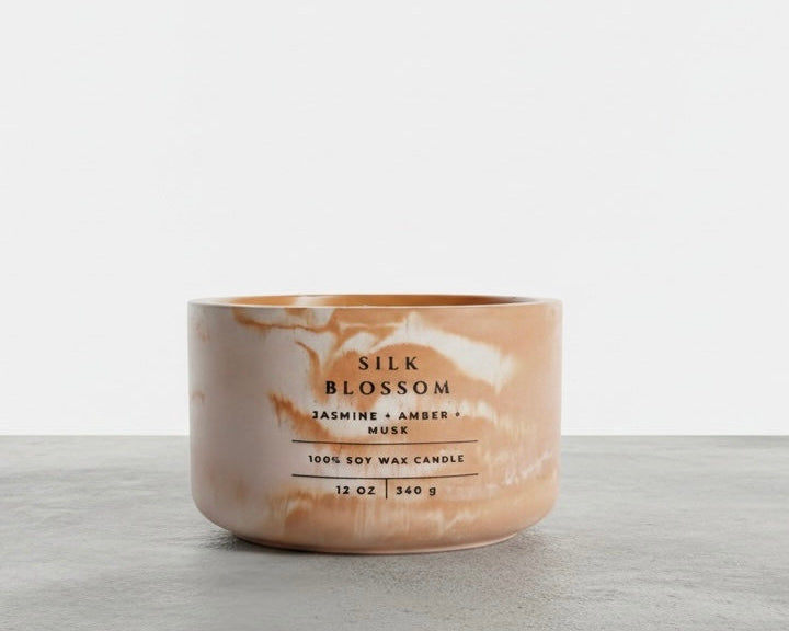 Silk Blossom Soy Wax Candle in Marbled Concrete Vessel with Jasmine, Amber & Musk Fragrance – Handmade Luxury Candle and Elegant Home Decor
