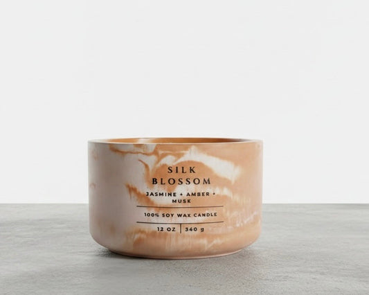 Silk Blossom Soy Wax Candle in Marbled Concrete Vessel with Jasmine, Amber & Musk Fragrance – Handmade Luxury Candle and Elegant Home Decor