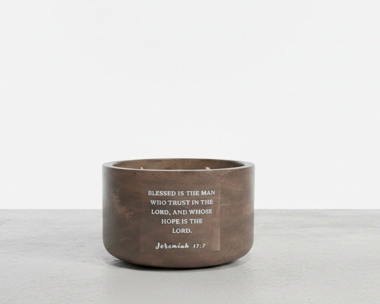 Fruity Harvest Fiesta Christian soy wax candle featuring Jeremiah 17:7 Bible verse, “Blessed is the man who trusts in the Lord,” handcrafted in a concrete vessel. Faith-inspired gift by Boswellia Candle Co.