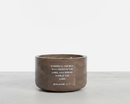 Fruity Harvest Fiesta Christian soy wax candle featuring Jeremiah 17:7 Bible verse, “Blessed is the man who trusts in the Lord,” handcrafted in a concrete vessel. Faith-inspired gift by Boswellia Candle Co.