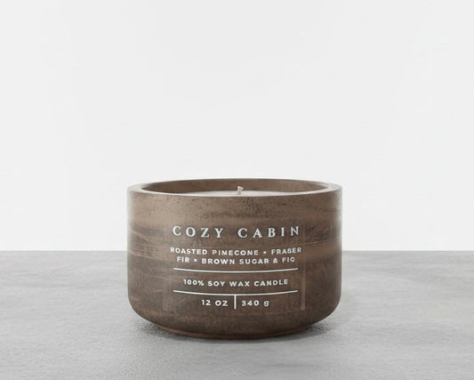Cozy Cabin Christian soy wax candle with roasted pinecone, Fraser fir, and brown sugar fig fragrance, handcrafted in a concrete vessel. Faith-inspired gift by Boswellia Candle Co.
