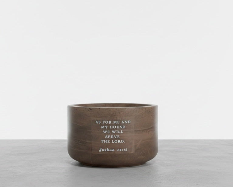 Cozy Cabin Christian soy wax candle featuring Joshua 24:15 Bible verse, “As for me and my house, we will serve the Lord,” handcrafted in a concrete vessel. Faith-inspired gift by Boswellia Candle Co.