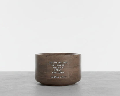 Cozy Cabin Christian soy wax candle featuring Joshua 24:15 Bible verse, “As for me and my house, we will serve the Lord,” handcrafted in a concrete vessel. Faith-inspired gift by Boswellia Candle Co.
